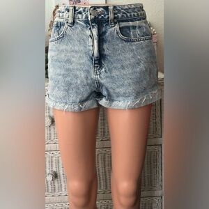 PacSun 100% Cotton Mom Shorts Hi - Waist Acid & Stone Washed Light Blue Size 26